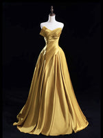 A-Line V Neck Satin Gold Long Prom Dress, Gold Long Formal Dress