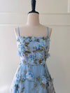 Simple A-Line Tulle 3D Flower Blue Long Prom Dress, Blue Party Dress