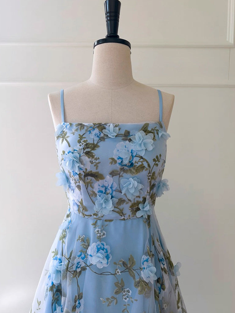 Simple A-Line Tulle 3D Flower Blue Long Prom Dress, Blue Party Dress