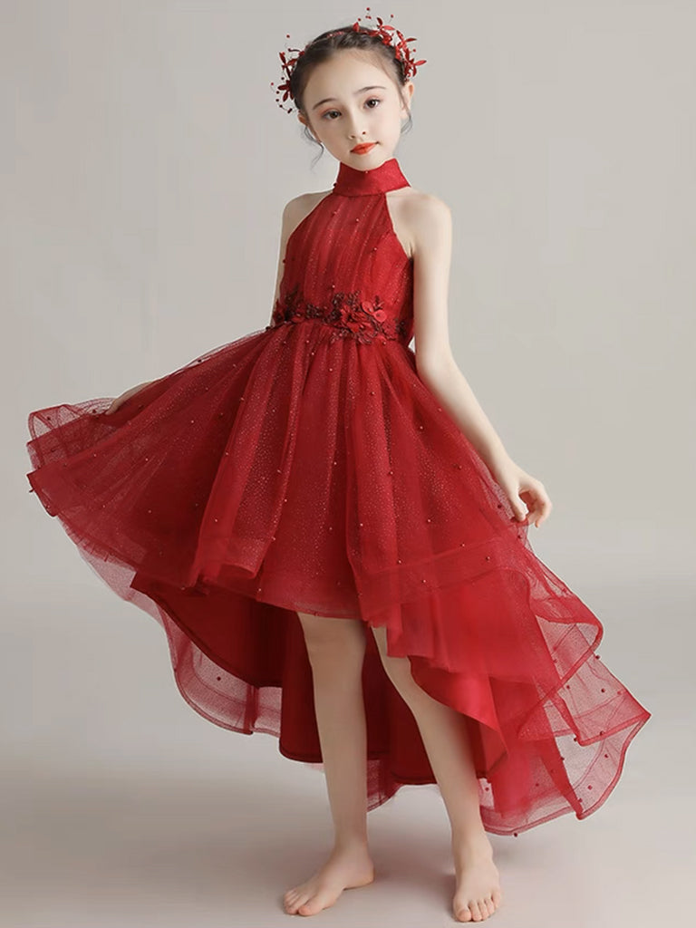 Burgundy High Low Tulle Lace Flower Girl Dress, Party Girl Dress shopluu Burgundy High Low Tulle Lace Flower Girl Dress, Party Girl Dress shopluu