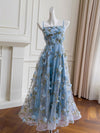 Simple A-Line Tulle 3D Flower Blue Long Prom Dress, Blue Party Dress