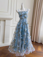 Simple A-Line Tulle 3D Flower Blue Long Prom Dress, Blue Party Dress