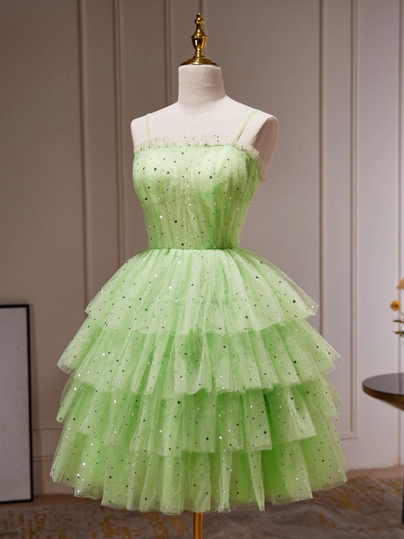 Green A-Line Tulle Short Prom Dress, Green Homecoming Dress