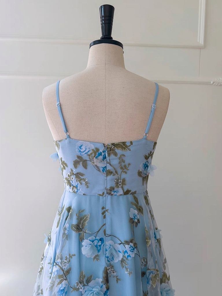 Simple A-Line Tulle 3D Flower Blue Long Prom Dress, Blue Party Dress