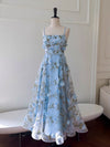 Simple A-Line Tulle 3D Flower Blue Long Prom Dress, Blue Party Dress