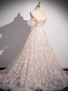 A-Line Off Shoulder Tulle Lace Champagne Long Prom Dress, Champagne Formal Dress