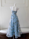 Simple A-Line Tulle 3D Flower Blue Long Prom Dress, Blue Party Dress