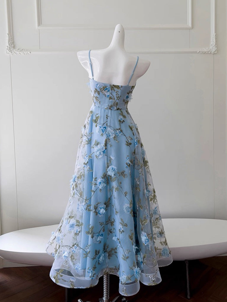 Simple A-Line Tulle 3D Flower Blue Long Prom Dress, Blue Party Dress