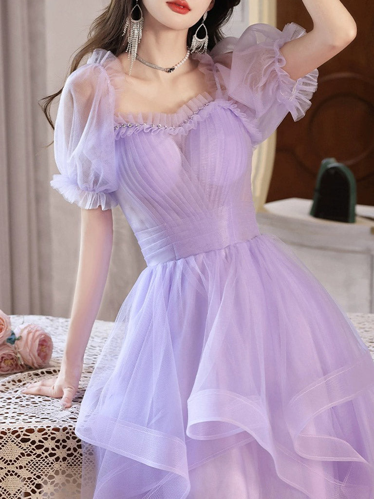Simple Purple V Neck Tulle Short Prom Dresses, Purple Homecoming Dress shopluu Simple Purple V Neck Tulle Short Prom Dresses, Purple Homecoming Dress shopluu
