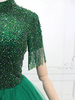 A-Line High Neck Tulle Green Long Prom Dress with Beads