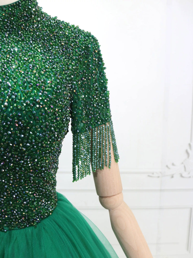 A-Line High Neck Tulle Green Long Prom Dress with Beads