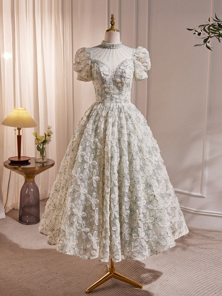 Unique Hight Neck Tulle Lace Tea Length Prom Dress, Light Green Formal Dress