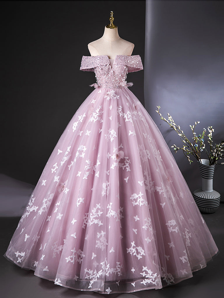 A-Line Off Shoulder Tulle Lace Pink Long Prom Dress, Pink Long Formal