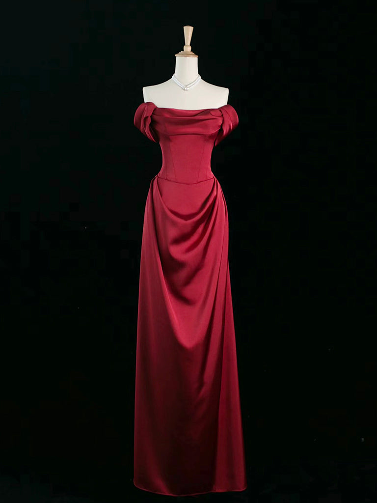 A-Line Off Shoulder Satin Burgundy Long Prom Dress, Burgundy Long Formal Dress