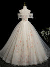 A-Line Sweetheart Neck Tulle Lace Light Champagne Long Prom Dress with Flower