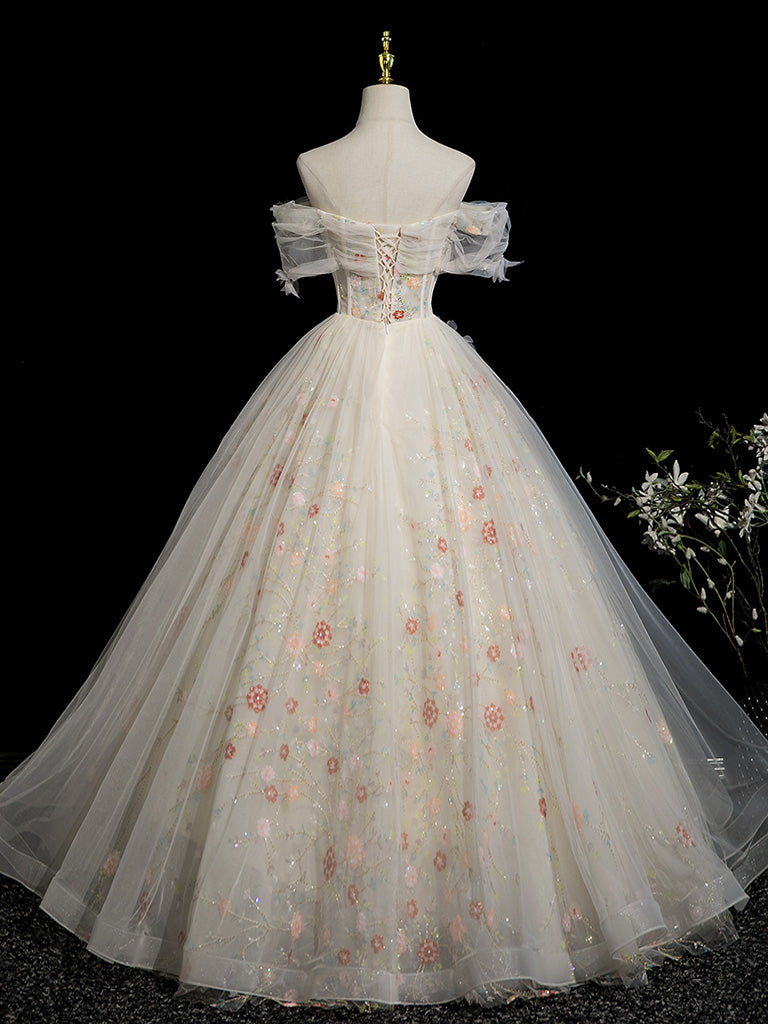 A-Line Sweetheart Neck Tulle Lace Light Champagne Long Prom Dress with Flower