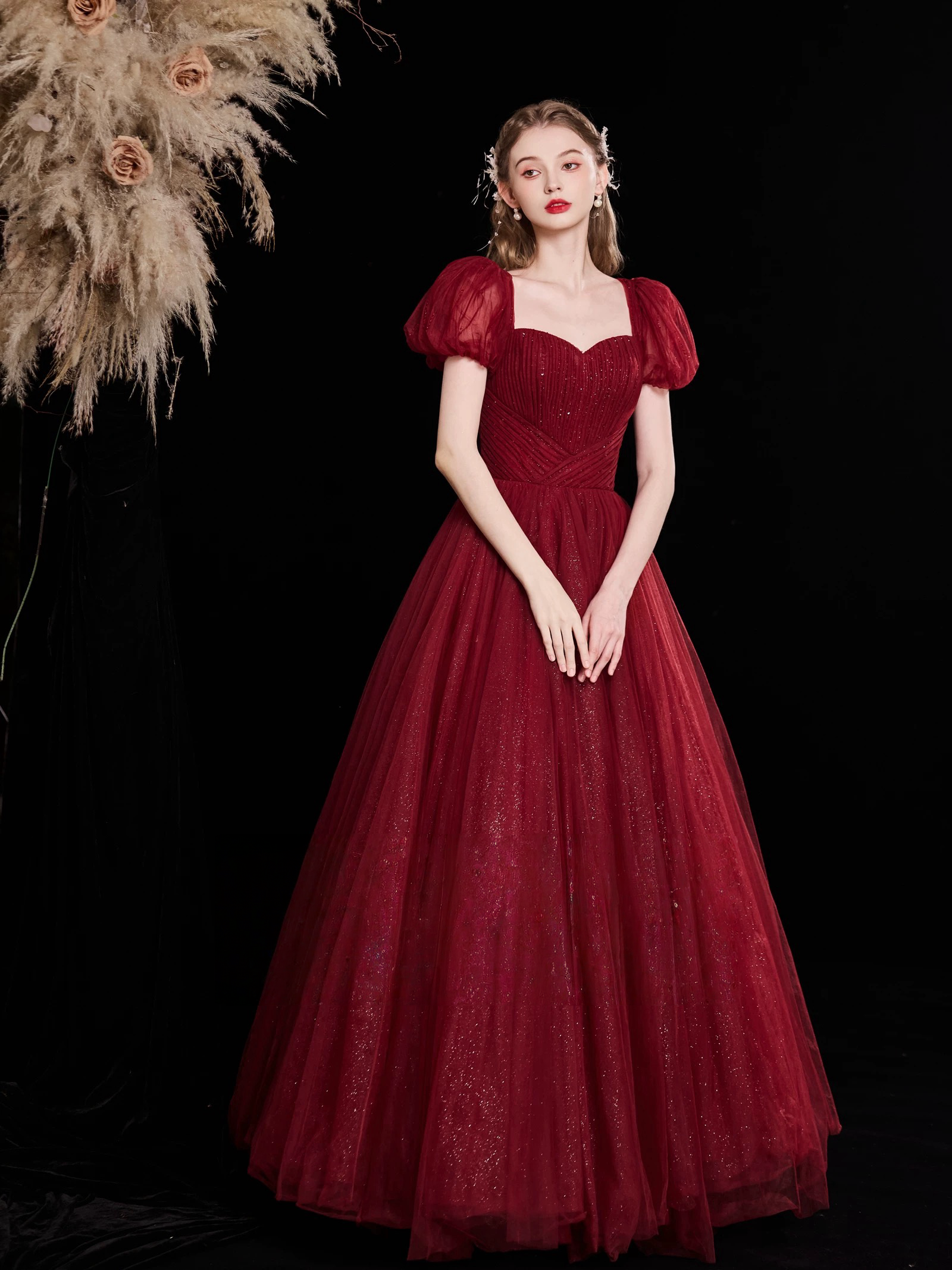 A-Line Puff Sleeves Tulle Burgundy Long Prom Dress, Burgundy Long Even – shopluu