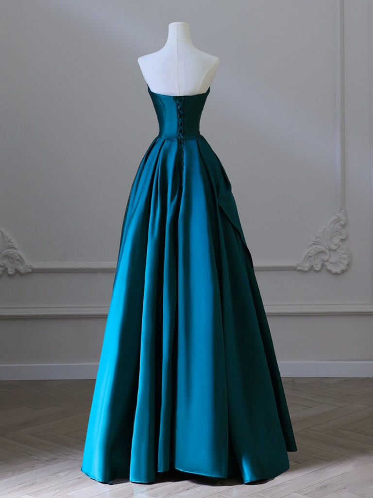 A-Line Strapless Satin Peacock Blue Long Prom Dress, Simple Peacock Blue Evening Dress