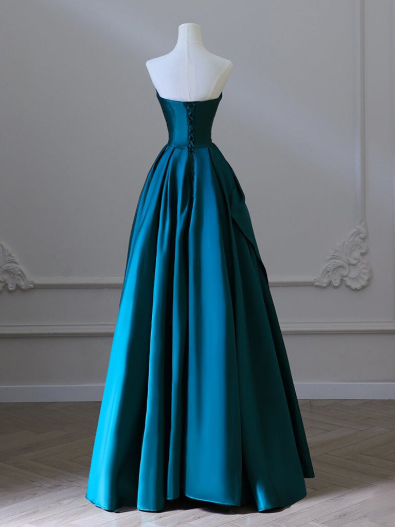A-Line Strapless Satin Peacock Blue Long Prom Dress, Simple Peacock Bl shopluu A-Line Strapless Satin Peacock Blue Long Prom Dress, Simple Peacock Bl shopluu