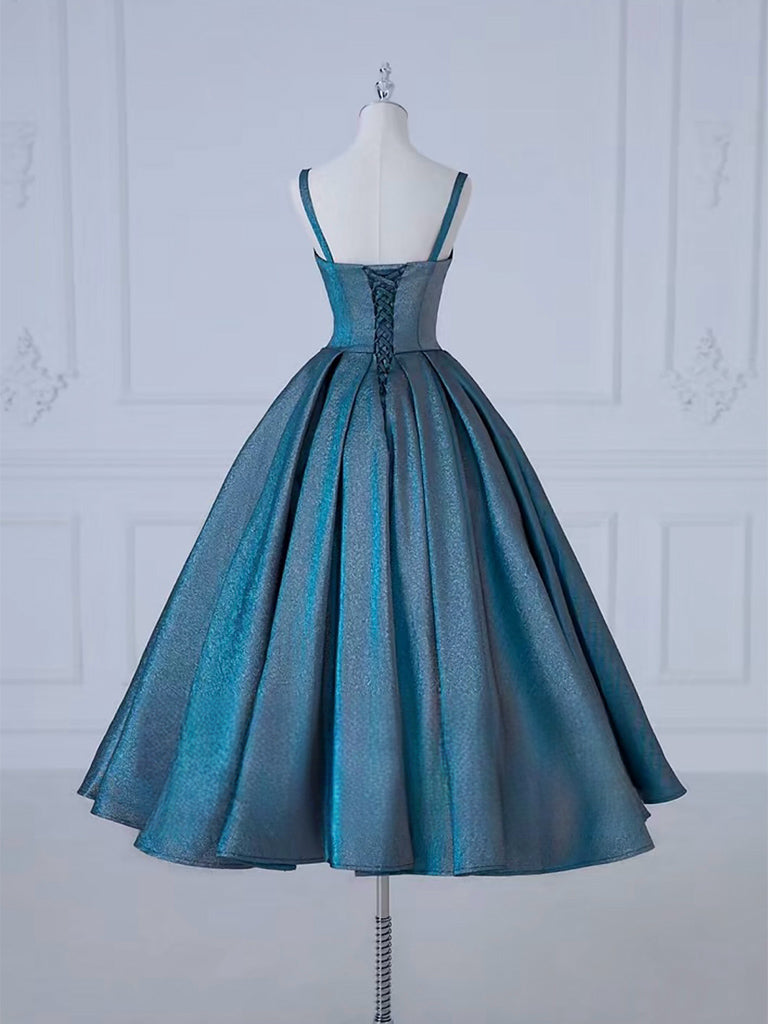 A-Line Sweetheart Neck Satin Tea Length Blue Prom Dress, Blue Formal D – shopluu