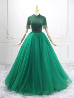A-Line High Neck Tulle Green Long Prom Dress with Beads