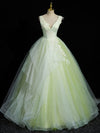 A-Line V Neck Lace Tulle Green Long Prom Dress, Green Sweet 16 Dress