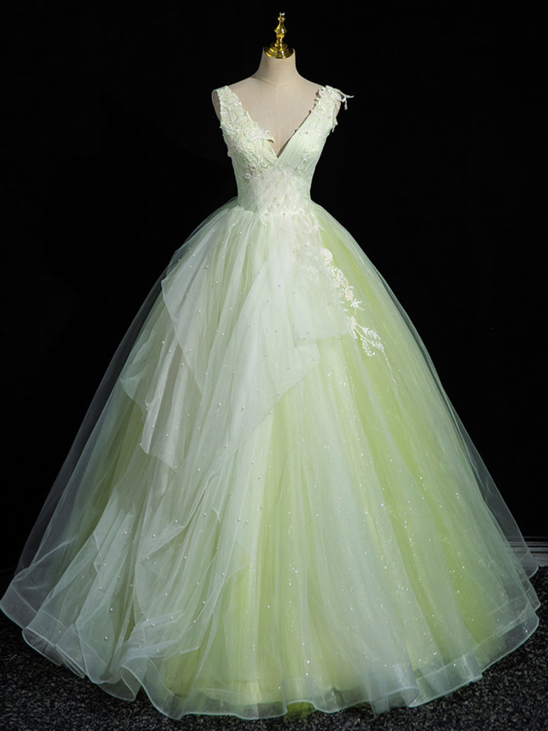 A-Line V Neck Lace Tulle Green Long Prom Dress, Green Sweet 16 Dress