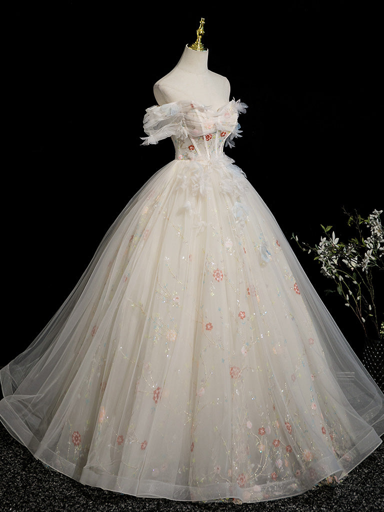 A-Line Sweetheart Neck Tulle Lace Light Champagne Long Prom Dress with Flower