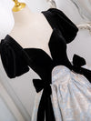 A-Line Short Sleeves Satin Velvet Black Long Prom Dress, Black Long Formal Dress