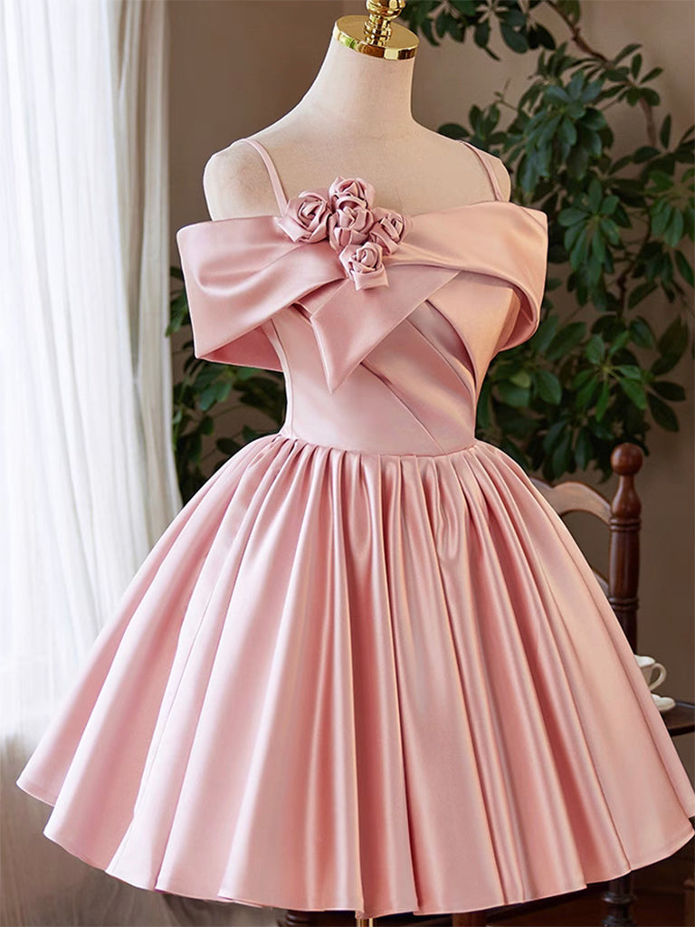 Pink Satin Short Prom Dress, Lovely A-Line Off the Shoulder Party Homecoming Dress US 8 / Pink Pink Satin Short Prom Dress, Lovely A-Line Off the Shoulder Party Homecoming Dress US 8 / Pink