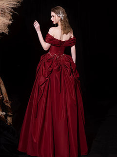 A-Line Off Shoulder Satin Burgundy Long Prom Dress, Burgundy Long Evening Dress