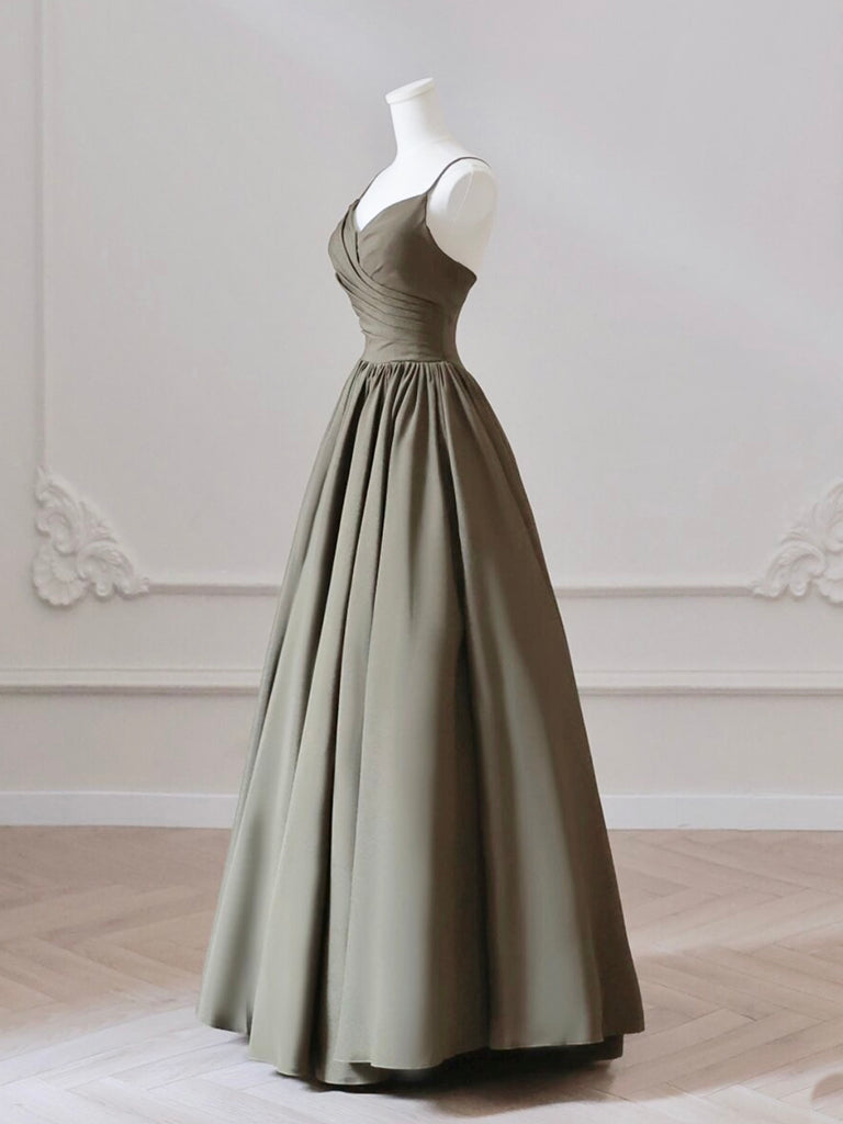 A-Line V Neck Satin Olive Green Long Prom Dress, Olive Green Long Formal Dress