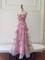 Simple A-Line Tulle 3D Flower Blue Long Prom Dress, Blue Party Dress