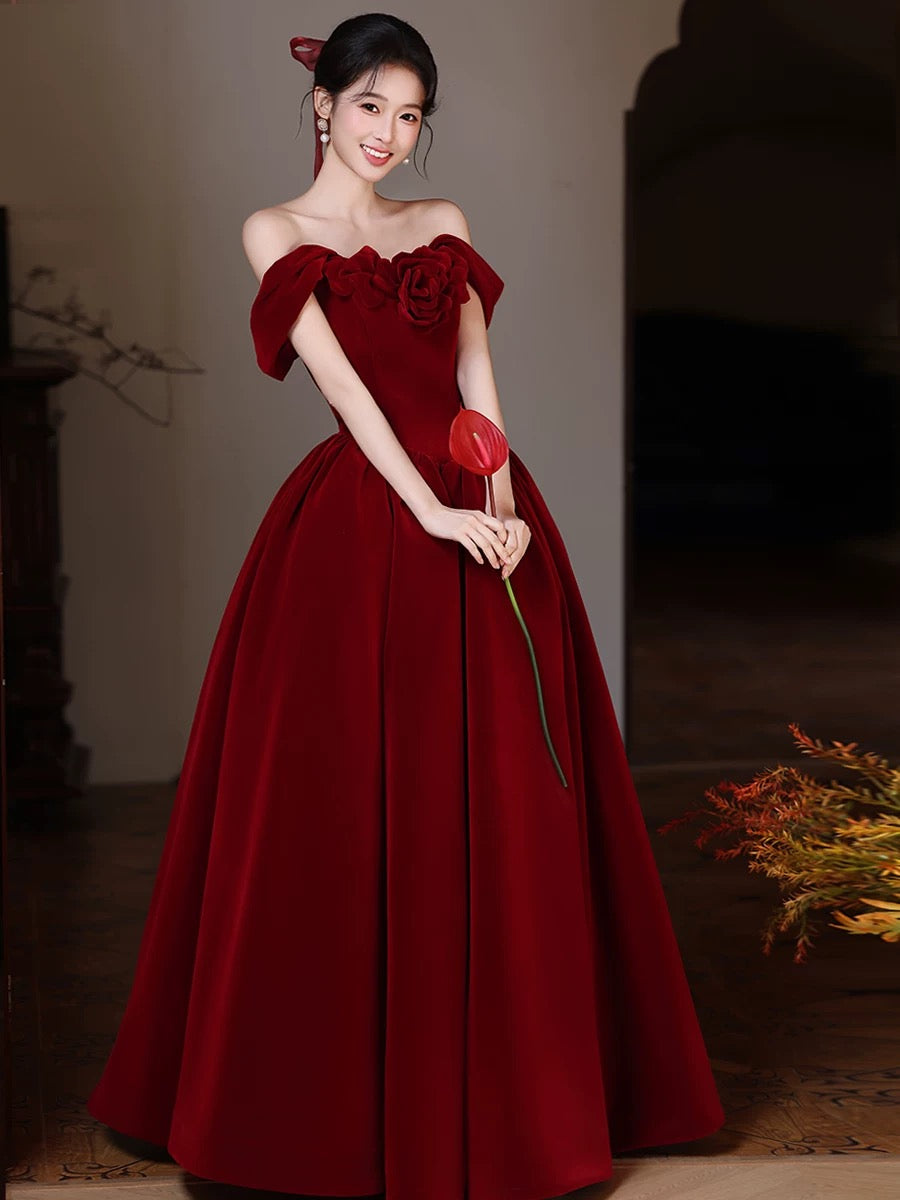 Sweetheart Off Shoulder Velvet Floor Length Burgundy Long Prom Dress