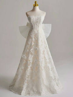 A-Line Tulle Lace Light Champagne Long Wedding Dress with Bow