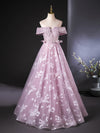 A-Line Off Shoulder Tulle Lace Pink Long Prom Dress, Pink Long Formal Dress