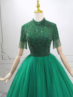 A-Line High Neck Tulle Green Long Prom Dress with Beads