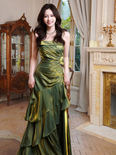 A-Line Satin Green Long Prom Dress, Green Long Evening Dress