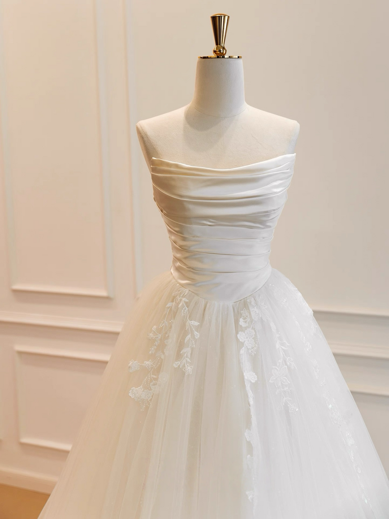 A-Line Satin Tulle ivory Long Prom Dress, ivory Long Formal Dress