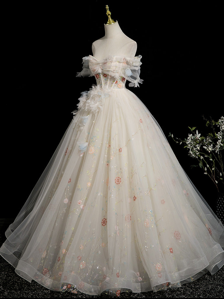 A-Line Sweetheart Neck Tulle Lace Light Champagne Long Prom Dress with Flower
