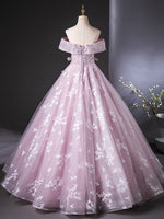 A-Line Off Shoulder Tulle Lace Pink Long Prom Dress, Pink Long Formal Dress