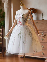 White Tulle Lace Short Prom Dress, White Homecoming Dress with Beads