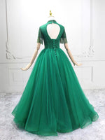 A-Line High Neck Tulle Green Long Prom Dress with Beads