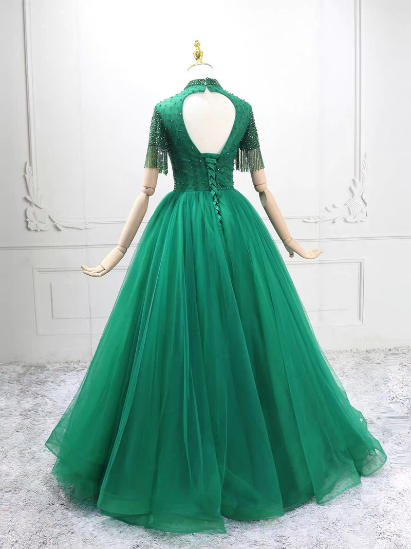 A-Line High Neck Tulle Green Long Prom Dress with Beads