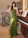 A-Line Satin Green Long Prom Dress, Green Long Evening Dress