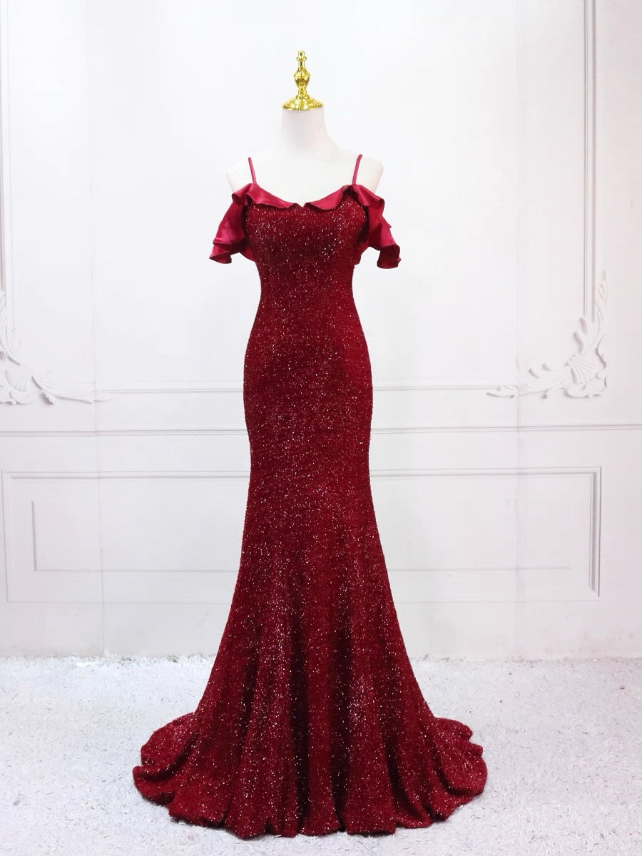 Mermaid V Neck Burgundy Long Prom Dress, Burgundy Long Formal Dress
