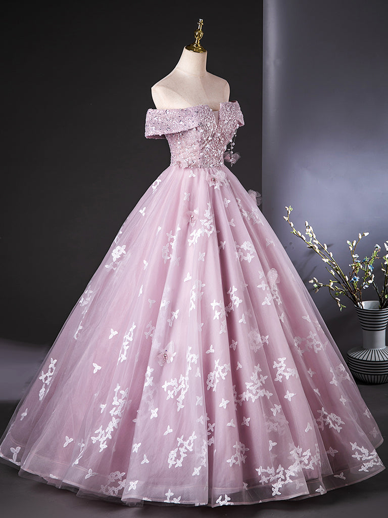 A-Line Off Shoulder Tulle Lace Pink Long Prom Dress, Pink Long Formal Dress