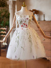 White Tulle Lace Short Prom Dress, White Homecoming Dress with Beads