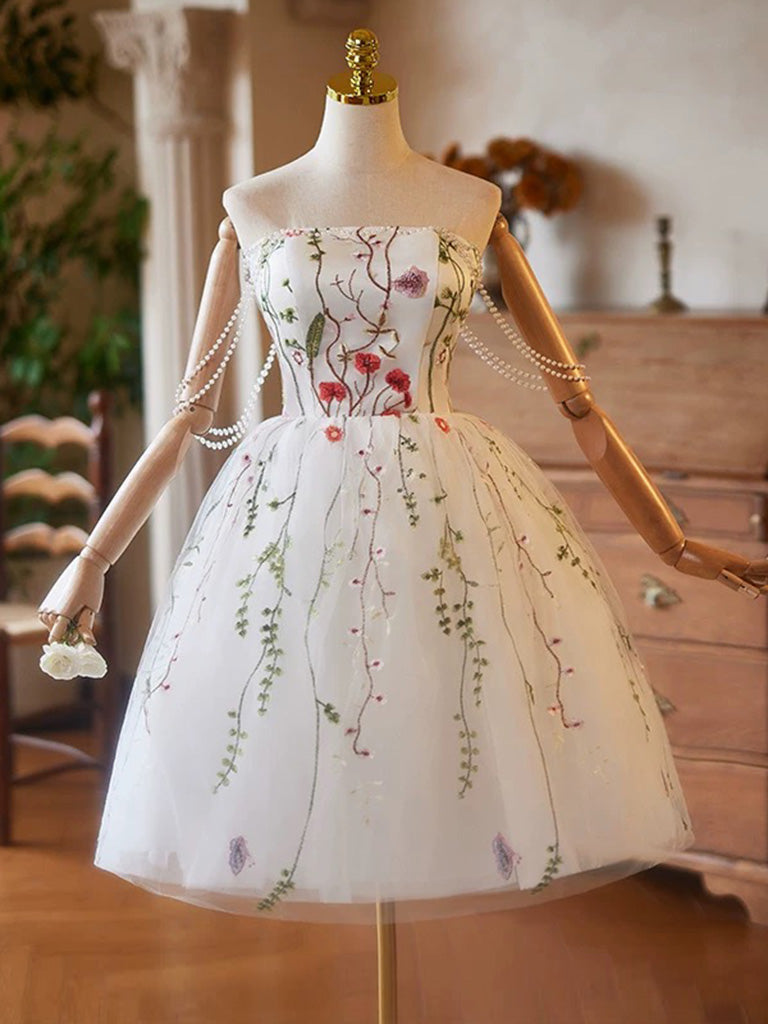 White Tulle Lace Short Prom Dress, White Homecoming Dress with Beads