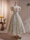 Unique Hight Neck Tulle Lace Tea Length Prom Dress, Light Green Formal Dress